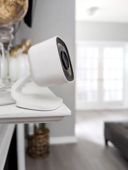 Sleek white home security camera positioned indoors, capturing a modern and minimalist interior setup